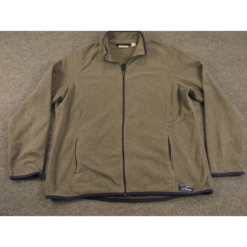 LL Bean Mens Full Zip Fleece Jacket Green Brown Mock Neck 505303 Large #2159
